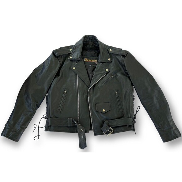 Geronimo Biker Leather Jacket Black Lace Up Sides Sz 44 Quilted Liner EUC Vtg - Picture 1 of 16